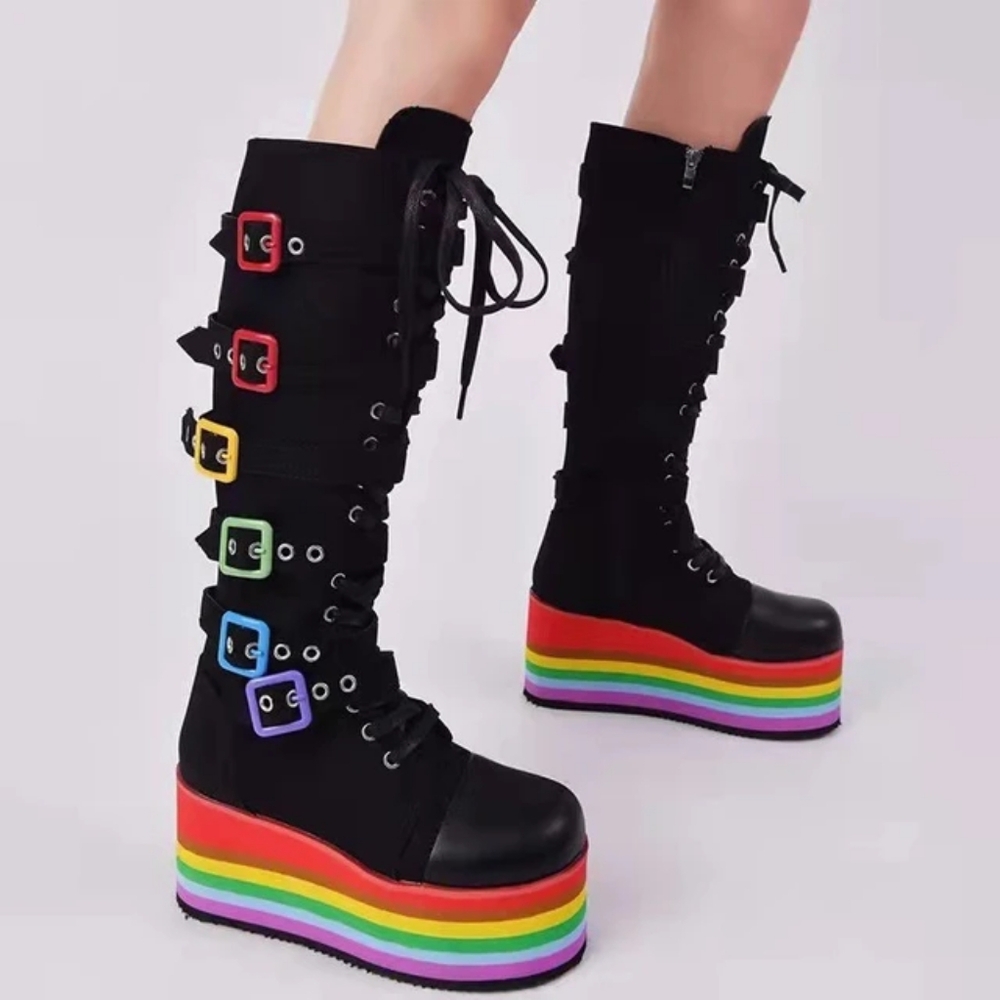 Rainbow Knee-High Platform Boots - Sz. 8